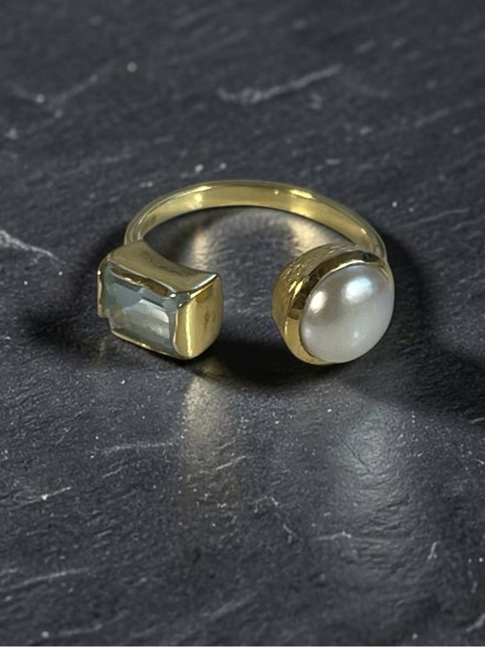 Ross-Simons Cultured Pearl Sky Blue Topaz Toi et Moi 18K Gold Vermeil Ring